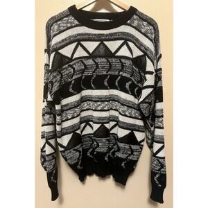 Vtg 90s Gabrielle‎ Geometric Sweater Leather Patch Black White Tribal Funky Sz L